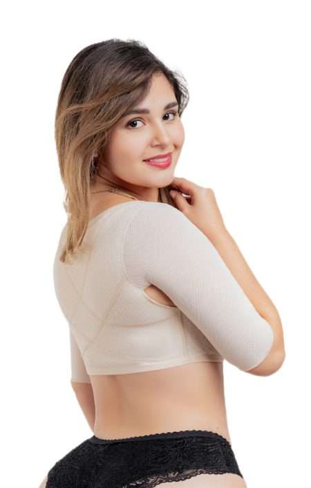 Corrector de postura femenino con mangas, broches ajustables y tirante removible.